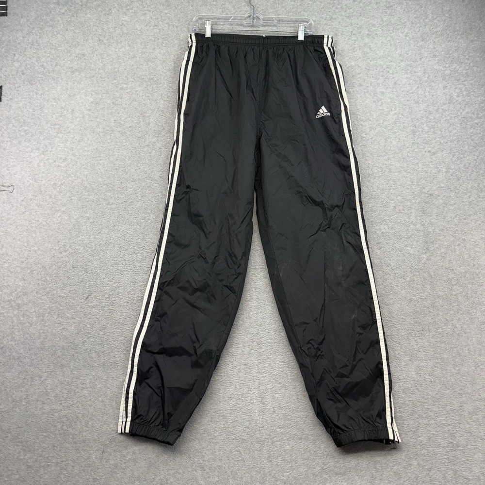 VTG 90s Adidas Mens Sz L Track Pants Black White 3 Stripe Hip Hop Y2K Baggy